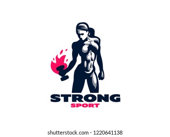 Sporty muscular woman fitness emblem. Vector illustration.