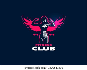 Sporty muscular woman fitness emblem. Vector illustration.