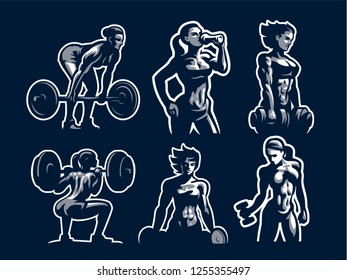 Sporty muscular woman fitness. Vector illustration set.