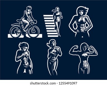 Sporty muscular woman fitness. Vector illustration set.