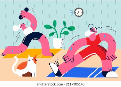 Sporty old couple feel energetic do morning gymnastics train exercise at home. Active mature man and woman do sports follow healthy lifestyle for good maturity. Flat vector illustration. 