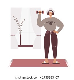 Sporty old woman exercising at home. Elderly people health protection concept. Cosy home quarantine training for senior adults. Grandmother in headphones flat vector illustration. Staying connected.