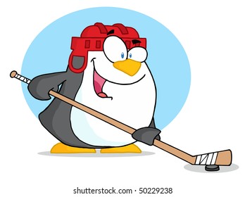 Sporty Penguin Playing Ice Hockey