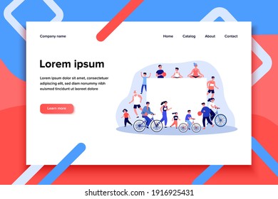 Sporty people around blank banner. Men and women of different ages riding bike, running, doing yoga flat vector illustration. Fitness, lifestyle concept for banner, website design or landing web page