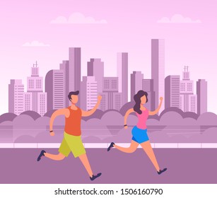 Sporty people characters man and woman running public park. Vector flat graphic design cartoon illustration