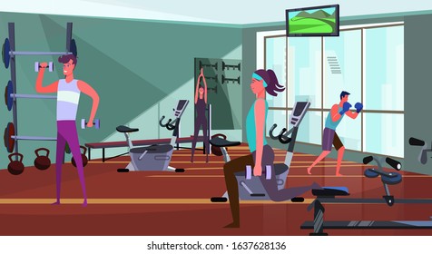 Sporty people exercising in gym. Men and women lifting dumbbells, lunging flat vector illustration. Fitness, equipment, training body concept for banner, website design or landing web page