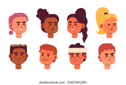 Envase de caracteres vectoriales de color semi-plano para gente deportiva. Hombres multinacionales, mujeres. Iconos editables de avatares de caricatura. Enfrentar emociones. Conjunto de ilustraciones de manchas coloridas para diseño gráfico web, animación