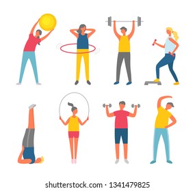 Sporty people set isolated on white, man and woman in sportwear exercising. Ball and dumbbell, hula hoop, skipping rope, stretching or yoga vector