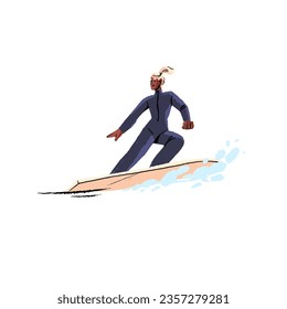 Deportistas navegando en el mar. Una mujer en la tabla de surf. Surfista con traje húmedo haciendo deporte acuático extremo. En verano se organizan actividades en la playa con tablas de surf. Ilustración vectorial aislada plana en blanco