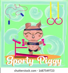 Sporty Piggy. Cute pig character with dumbbells on a treadmill. Vector illustration for clouthes print or kids bedroom decoration.