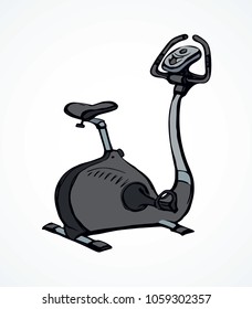 Sporty power exercycle apparatus on white home backdrop. Dark black ink color hand drawn slim execute healthcare object logo emblem pictogram sketchy in art modern cartoon style with space for text