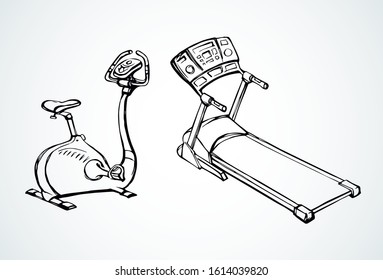Sporty power exercycle apparatus on white club background. Youth sporty life sign icon. Black ink line hand drawn slim execute healthcare object logo emblem pictogram in modern art cartoon comic style