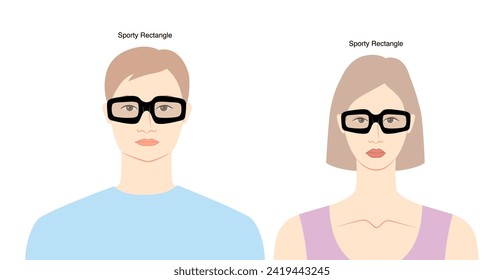 Sporty Rectangle frame glasses on women and men flat character fashion accessory illustration. Sunglass front view unisex silhouette style, rim eyeglasses, lens sketch style outline isolated on white