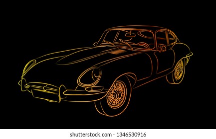 Sporty retro car jaguar e-type drawn color sketch on black background.