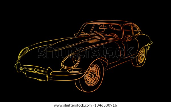 Sporty retro car jaguar e-type drawn color\
sketch on black\
background.