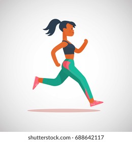 sporty running girl cartoon character, isolated vector illustration.