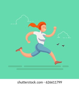 A sporty running girl in flat design