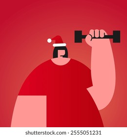 Sporty Santa exercising in the gym. Aerobic and fitness exercises in the gym, Girl dressed in red sportswear. Christmas fitness activity for the new year. Flat vector illustration.