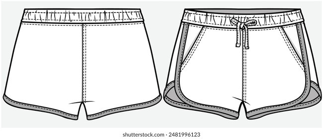 SPORTY SHORTS WITH DOLPHIN HEMLINE AND SIDE TAPING DETAIL DESIGNED FOR TEEN GIRLS AND KID GIRLS IN VECTOR FILE