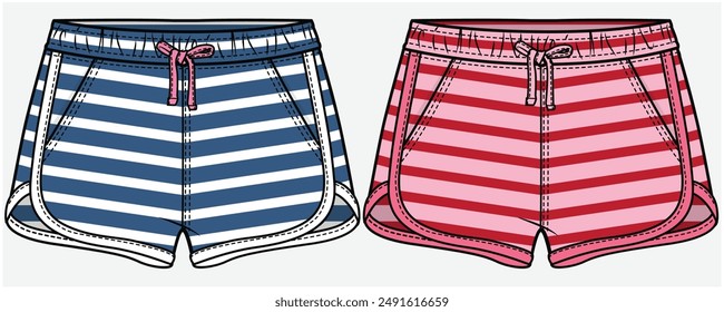 SPORTY SHORTS WITH DOLPHIN HEMLINE AND SIDE TAPING DETAIL DESIGNED FOR TEEN GIRLS AND KID GIRLS IN VECTOR FILE