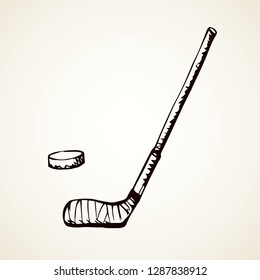 Sporty slap wood worn object set on cold light backdrop. Freehand dark ink hand drawn nhl logotype. Pastime  emblem in grunge art contour print retro style pencil on paper space for text. Closeup view