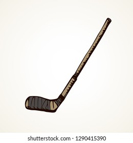 Sporty slap wood worn object set on cold light backdrop. Freehand dark ink hand drawn nhl logotype. Pastime  emblem in grunge art contour print retro style pencil on paper space for text. Closeup view