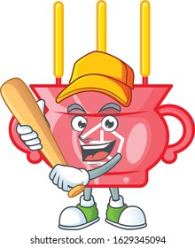 Sporty smiling chinese red incense cartoon mascot with baseball