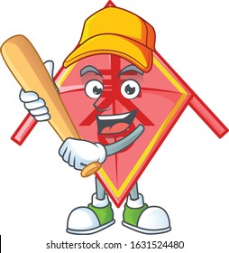 Sporty smiling chinese red kite cartoon mascot with baseball