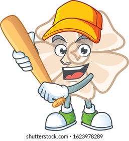 Sporty smiling chinese white flower cartoon mascot with baseball