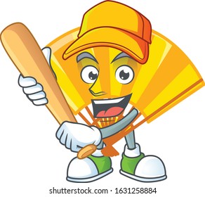 Sporty smiling gold chinese folding fan cartoon mascot with baseball