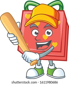 Sporty smiling love gift red cartoon mascot with baseball