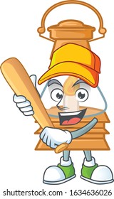 Sporty smiling oil lamp cartoon mascot with baseball