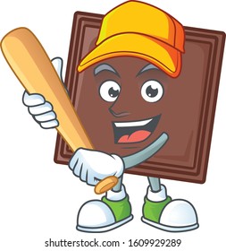 Sporty smiling one bite chocolate bar cartoon mascot with baseball
