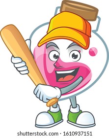 Sporty smiling pink potion cartoon mascot with baseball
