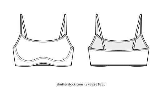 Sporty Square Neck Bralette Technical Fashion Illustration. Women Lingerie Inspired Activewear Vector Template. Sculpted Underbust Seam Detail. Front and Back View. CAD Mockup Set.