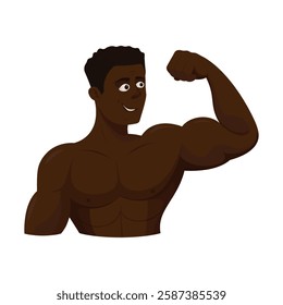 
A sporty and strong guy is flexing his muscular left arm bicep. The smiling man is depicted from the waist up, without a shirt. The character's physique is toned