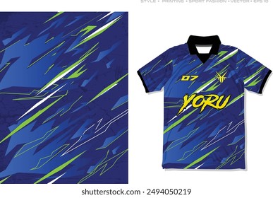 Sporty sublimation jersey esport gaming design striking stripes blue green neon electric motorsport car decal livery wrap gradient pattern vector design