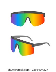 Sporty sunglasses with rainbow colored lenses.