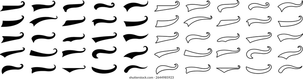 Sporty swirling tail icon in flat line set. football, baseball typography swashes Texting tail for lettering or old varsity sport logo vector for apps or web retro isolated on transparent background