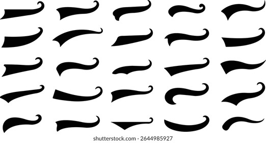 Sporty swirling tail icon in flat set. football, baseball typography swashes Texting tail for lettering or old varsity sport logo vector for apps or web retro isolated on transparent background