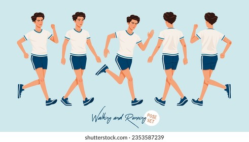 Adolescente deportiva niño activo se pone a correr, posa jogging. Joven usando ropa deportiva deportiva para futbolistas. Salud, bienestar, educación física, entrenador masculino de fitness. Ilustración de carácter de dibujos animados