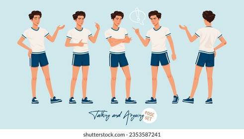 Sporty teenage active boy set taking, arguing poses. Young man wearing activewear athletic boy player outfit. Health wellness, physical education, fitness male coach. Cartoon character illustration