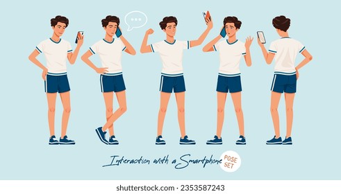 Sporty teenage active boy set smartphone chat, selfie poses. Young man activewear athletic boy player outfit. Health wellness, physical education, fitness male coach. Cartoon character illustration