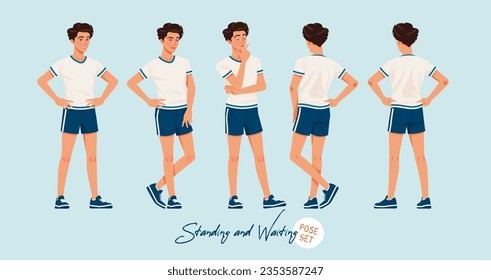 Sporty teenage active boy set standing, waiting poses. Young man wearing activewear athletic boy player outfit. Health, wellness, physical education, fitness male coach. Cartoon character illustration