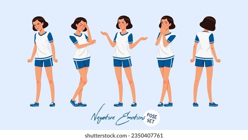 Sporty teenage active girl set feeling negative emotions. Young woman wearing activewear athletic boys outfit. Health, wellness, physical education fitness female coach. Cartoon character illustration