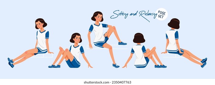 Sporty teenage active girl set sitting, relaxing poses. Young woman wearing activewear athletic boys outfit. Health, wellness, physical education, fitness female coach. Cartoon character illustration
