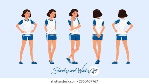 Sporty teenage active girl set standing, waiting poses. Young woman wearing activewear athletic boys outfit. Health, wellness, physical education, fitness female coach. Cartoon character illustration