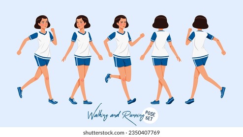 Adolescente deportiva activa se pone a caminar, correr poses. Mujer joven con ropa deportiva de uso activo. Salud, bienestar, educación física, entrenador femenino de fitness. Ilustración de carácter de dibujos animados