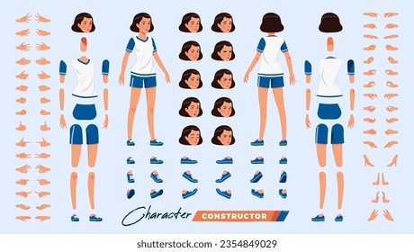 Sporty teenage, attractive brunette tomboy girl character DIY constructor. Active young woman figure parts. Head, leg, hand gestures, female coach different emotions. Vector cartoon construction kit