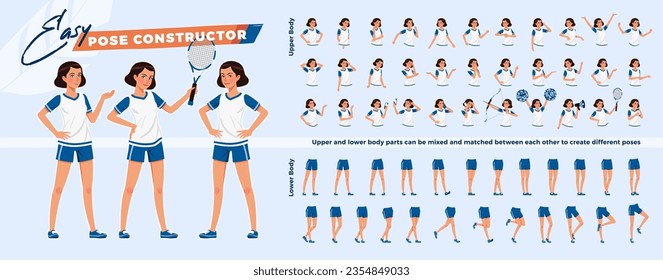 Sporty teenage, attractive brunette tomboy girl character easy pose constructor. Athletic woman in sportswear drag drop set, female coach body match, figure building. Vector cartoon construction kit